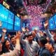Traders celebrating on a busy stock exchange floor.
