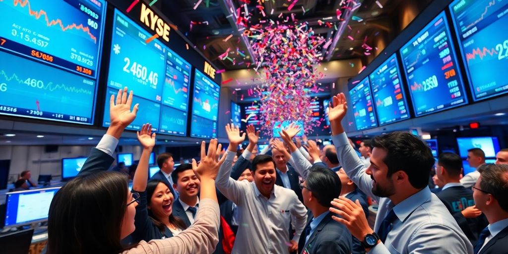 Traders celebrating on a busy stock exchange floor.