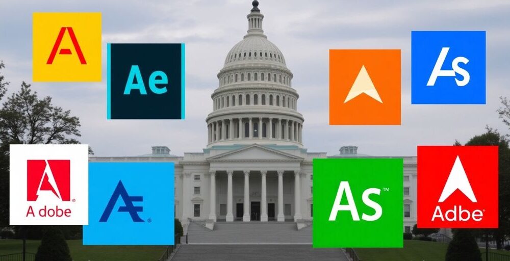 Adobe software logos with US Capitol building backdrop.