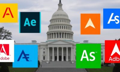 Adobe software logos with US Capitol building backdrop.