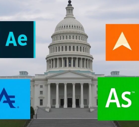 Adobe software logos with US Capitol building backdrop.