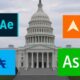 Adobe software logos with US Capitol building backdrop.