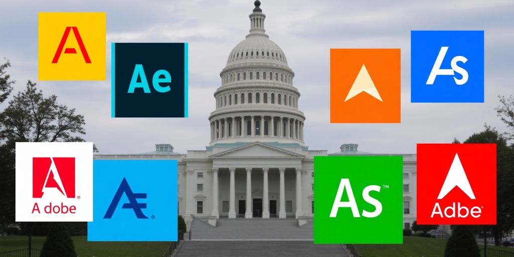 Adobe software logos with US Capitol building backdrop.