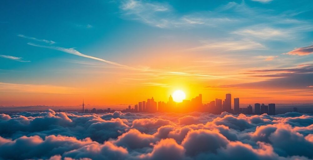 Sunrise over a city skyline symbolizing economic growth.