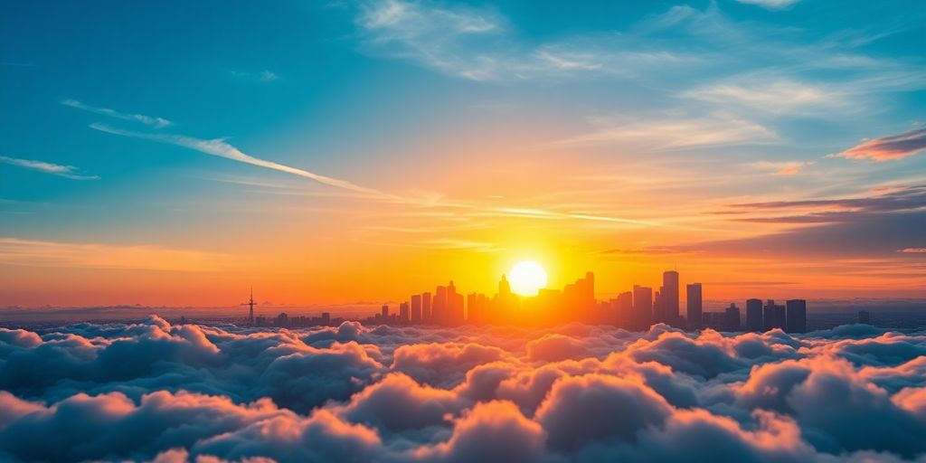 Sunrise over a city skyline symbolizing economic growth.
