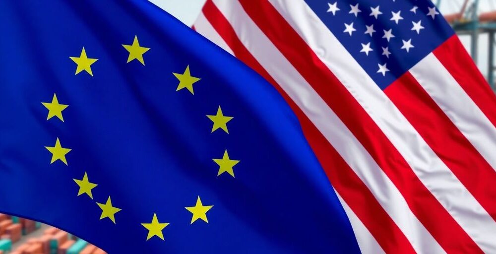 U.S. and EU flags intertwined at a busy trade port.