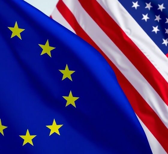 U.S. and EU flags intertwined at a busy trade port.