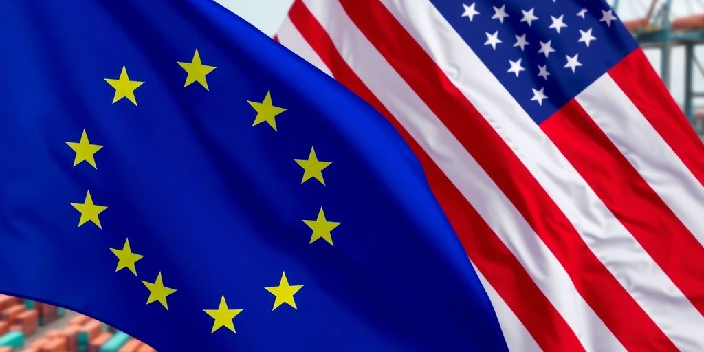 U.S. and EU flags intertwined at a busy trade port.