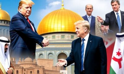 Trump with Middle Eastern leaders and trade agreement imagery.