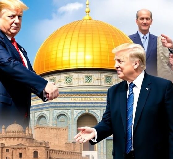Trump with Middle Eastern leaders and trade agreement imagery.