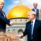 Trump with Middle Eastern leaders and trade agreement imagery.