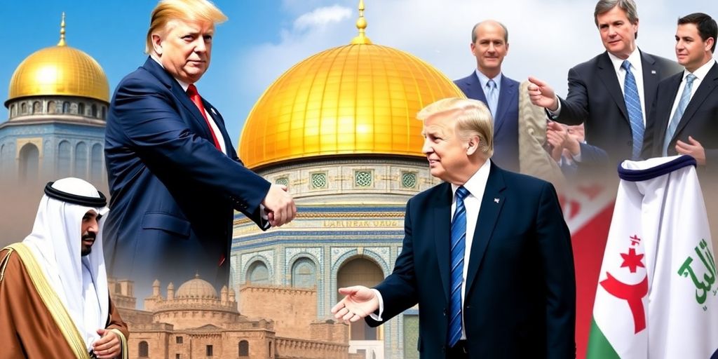 Trump with Middle Eastern leaders and trade agreement imagery.