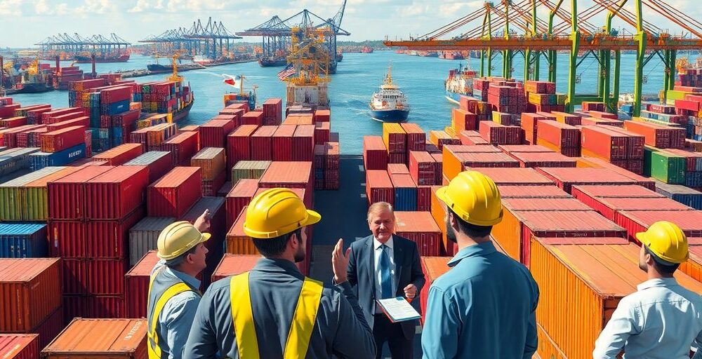 Tense trade environment with shipping containers and flags.