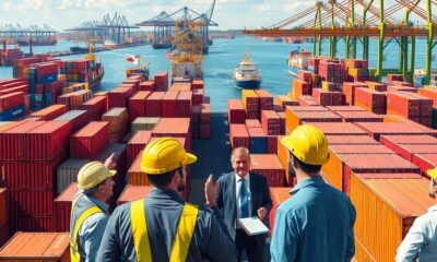 Tense trade environment with shipping containers and flags.