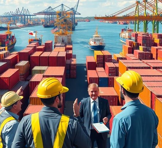 Tense trade environment with shipping containers and flags.