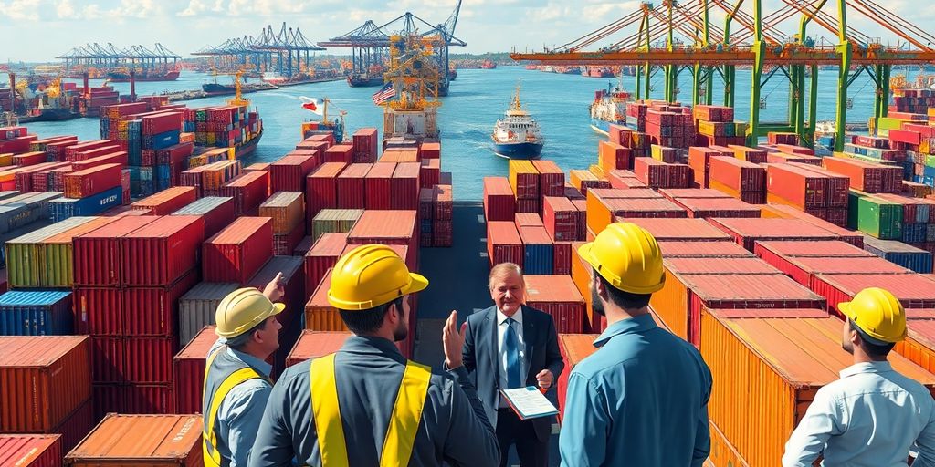 Tense trade environment with shipping containers and flags.