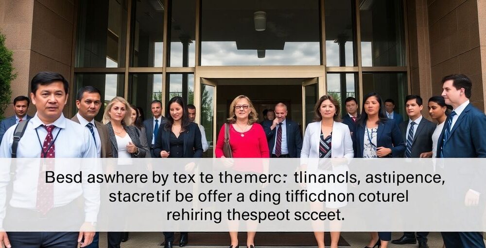 Federal employees navigating job uncertainty outside an office building.