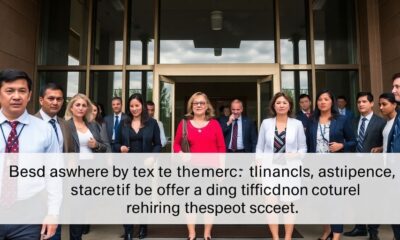 Federal employees navigating job uncertainty outside an office building.