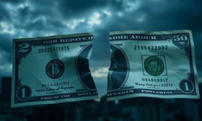 Cracked dollar bill against a dark skyline backdrop.