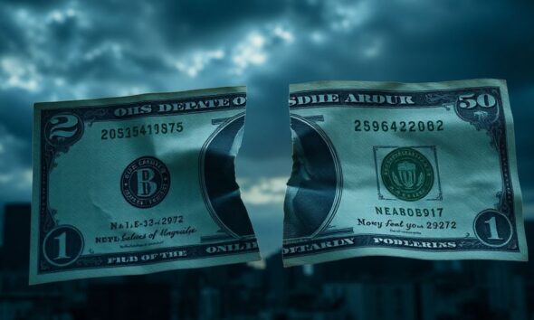Cracked dollar bill against a dark skyline backdrop.
