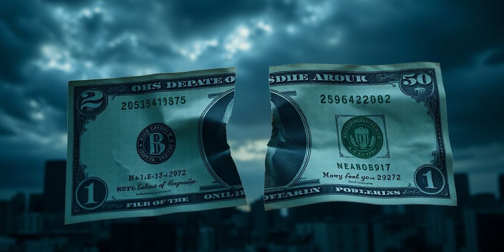 Cracked dollar bill against a dark skyline backdrop.