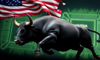 Stock market bull, Nvidia chip, American flag.