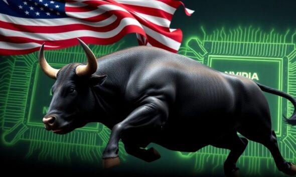 Stock market bull, Nvidia chip, American flag.