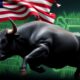 Stock market bull, Nvidia chip, American flag.