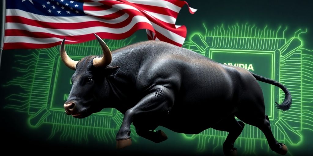 Stock market bull, Nvidia chip, American flag.