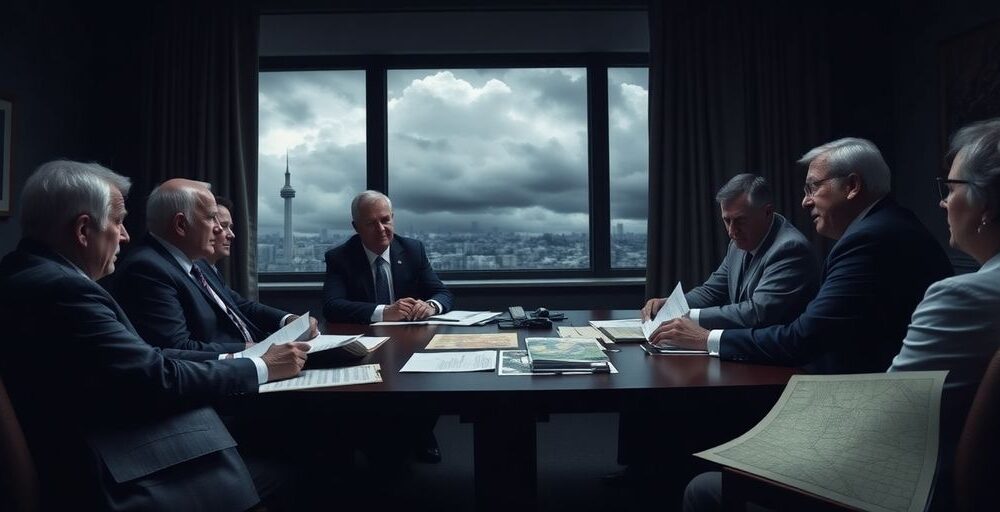 Government officials in a serious discussion about buyout plan.