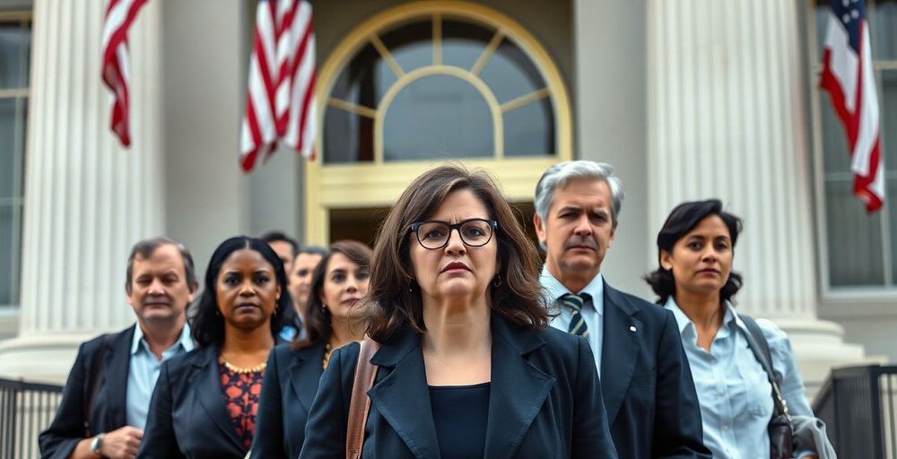 Group of federal workers leaving a government building.