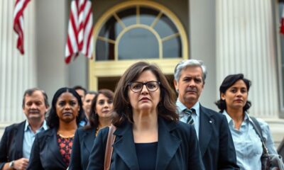 Group of federal workers leaving a government building.
