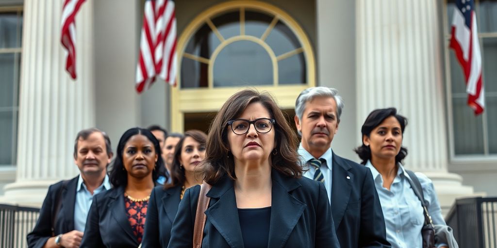 Group of federal workers leaving a government building.