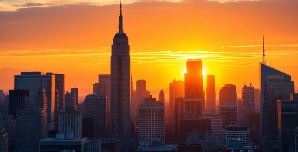 New York City skyline at sunset, conveying economic optimism.