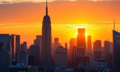 New York City skyline at sunset, conveying economic optimism.