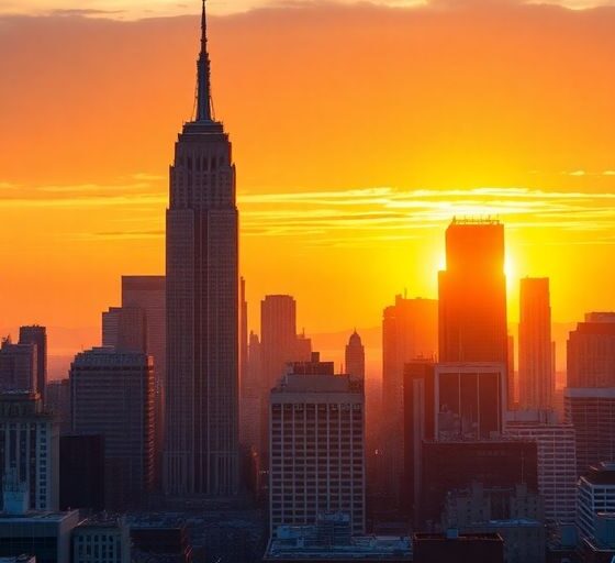 New York City skyline at sunset, conveying economic optimism.