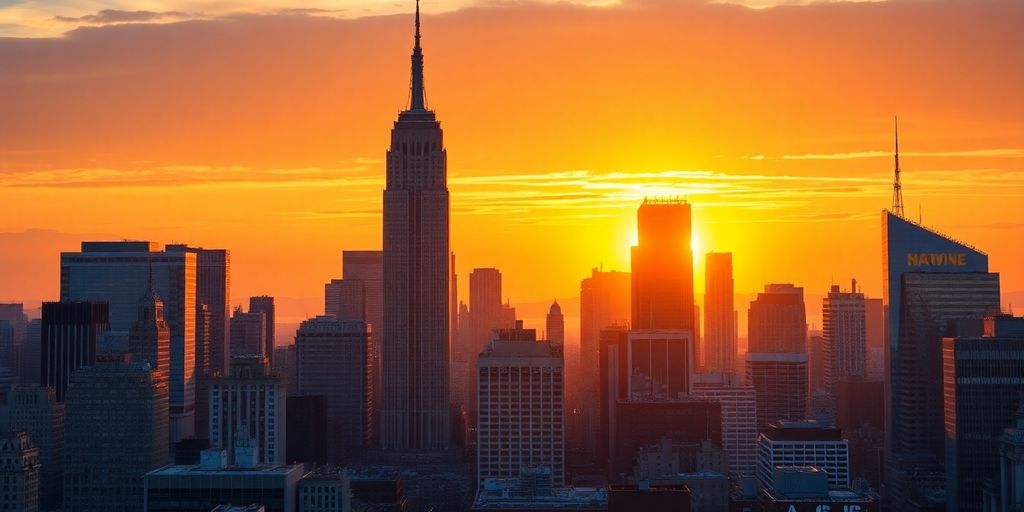 New York City skyline at sunset, conveying economic optimism.