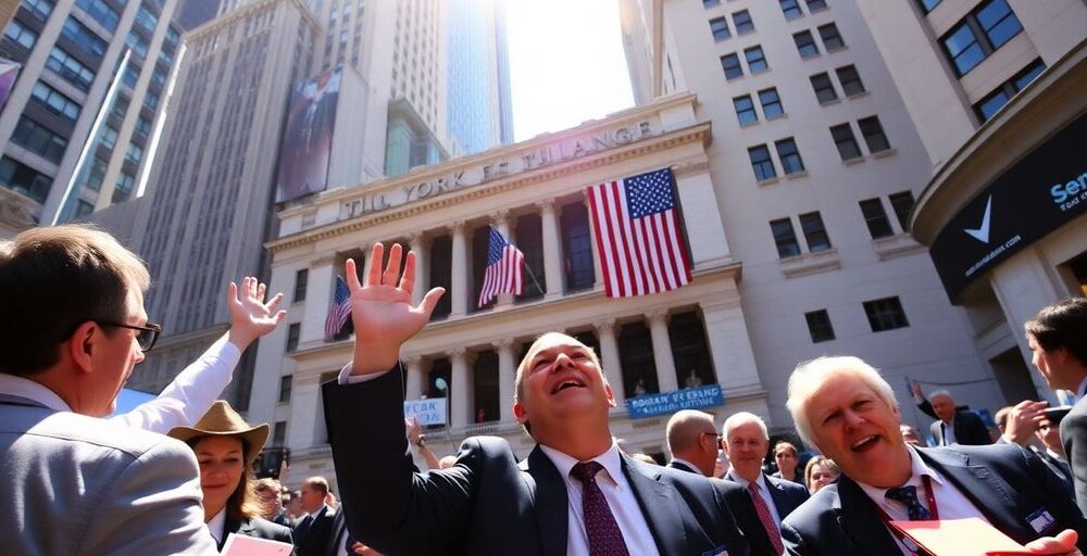 Traders celebrating on Wall Street amidst positive market news.