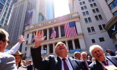 Traders celebrating on Wall Street amidst positive market news.
