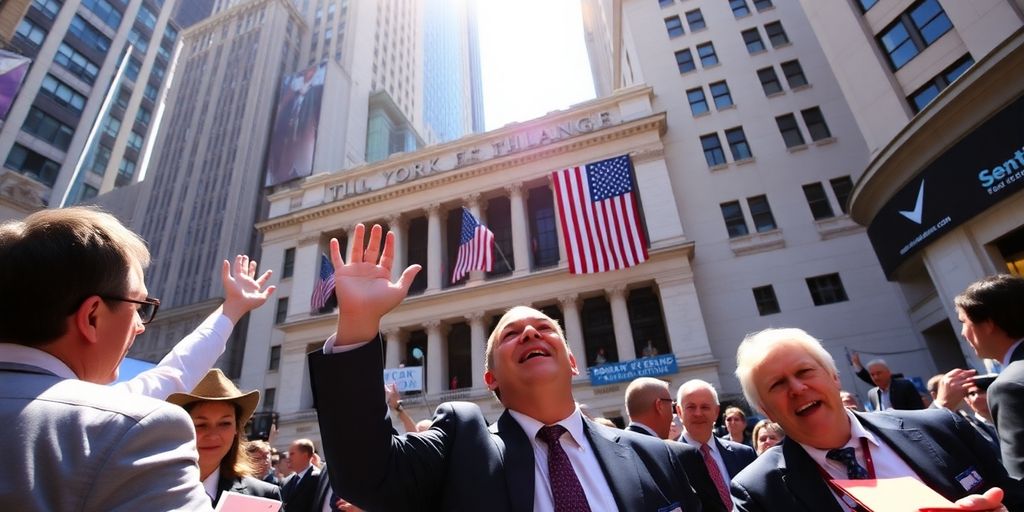 Traders celebrating on Wall Street amidst positive market news.