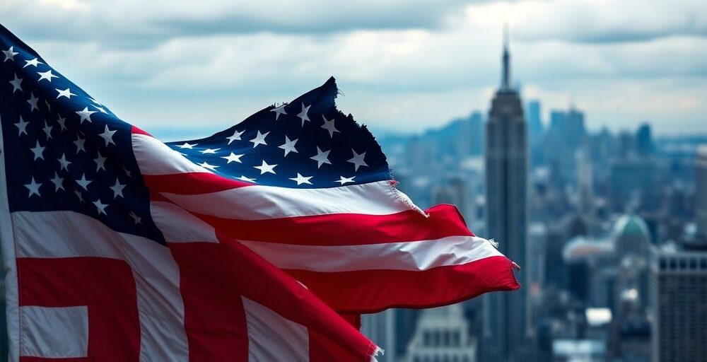 Crumbling American flag against a skyline of uncertainty.