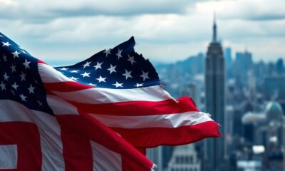 Crumbling American flag against a skyline of uncertainty.