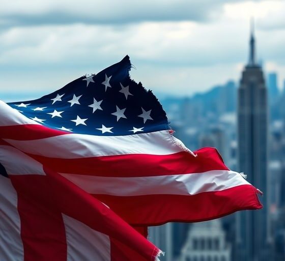 Crumbling American flag against a skyline of uncertainty.