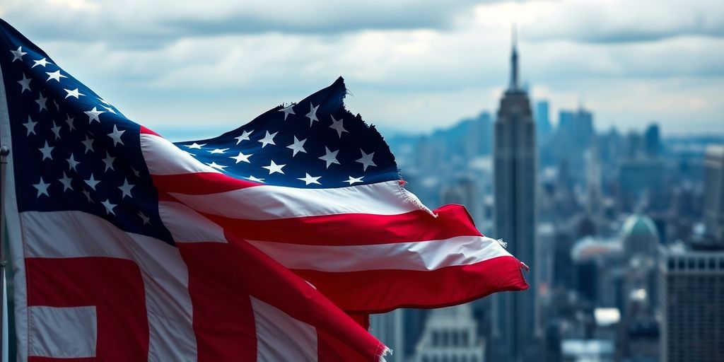 Crumbling American flag against a skyline of uncertainty.