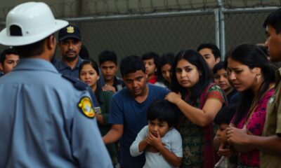 Immigration detention center with distressed families and agents.