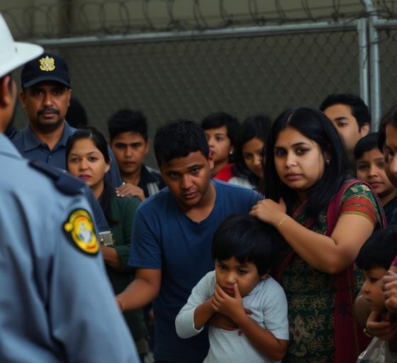 Immigration detention center with distressed families and agents.