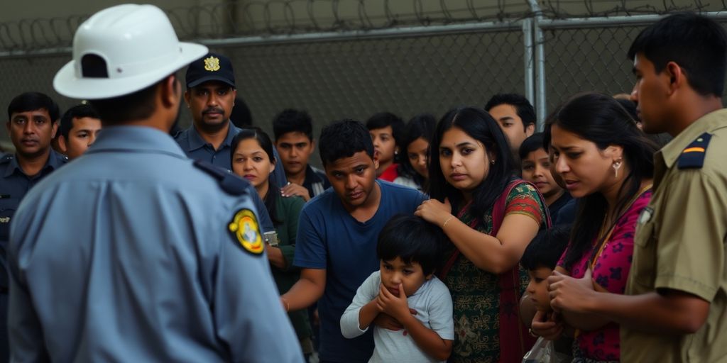 Immigration detention center with distressed families and agents.