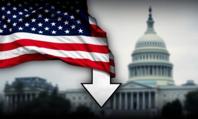 U.S. flag with an arrow indicating credit rating decline.