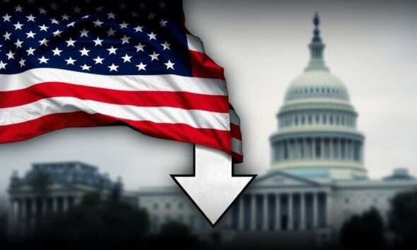 U.S. flag with an arrow indicating credit rating decline.