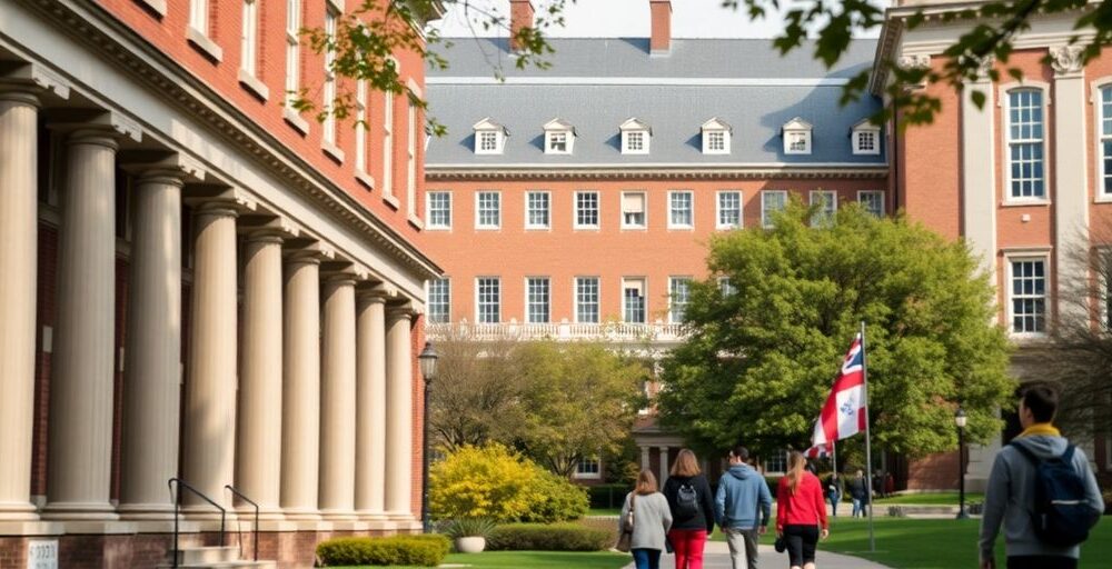 Harvard University campus with students and international flags.